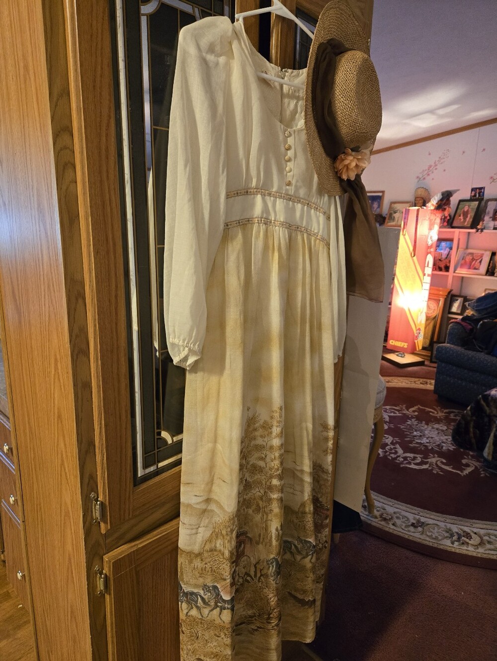 Vintage  Cream and Brown  Print Maxi Dress With Beautiful  Horse  ComesW/ Hat